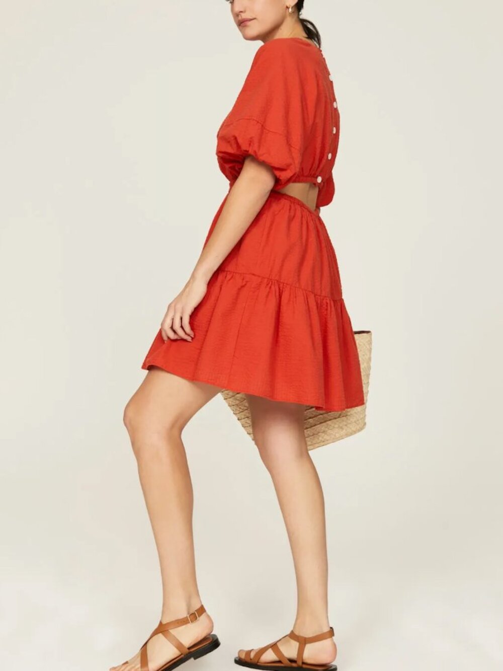 Madewell Tomato Red Seersucker Puff Sleeve Cutout Mini Dress